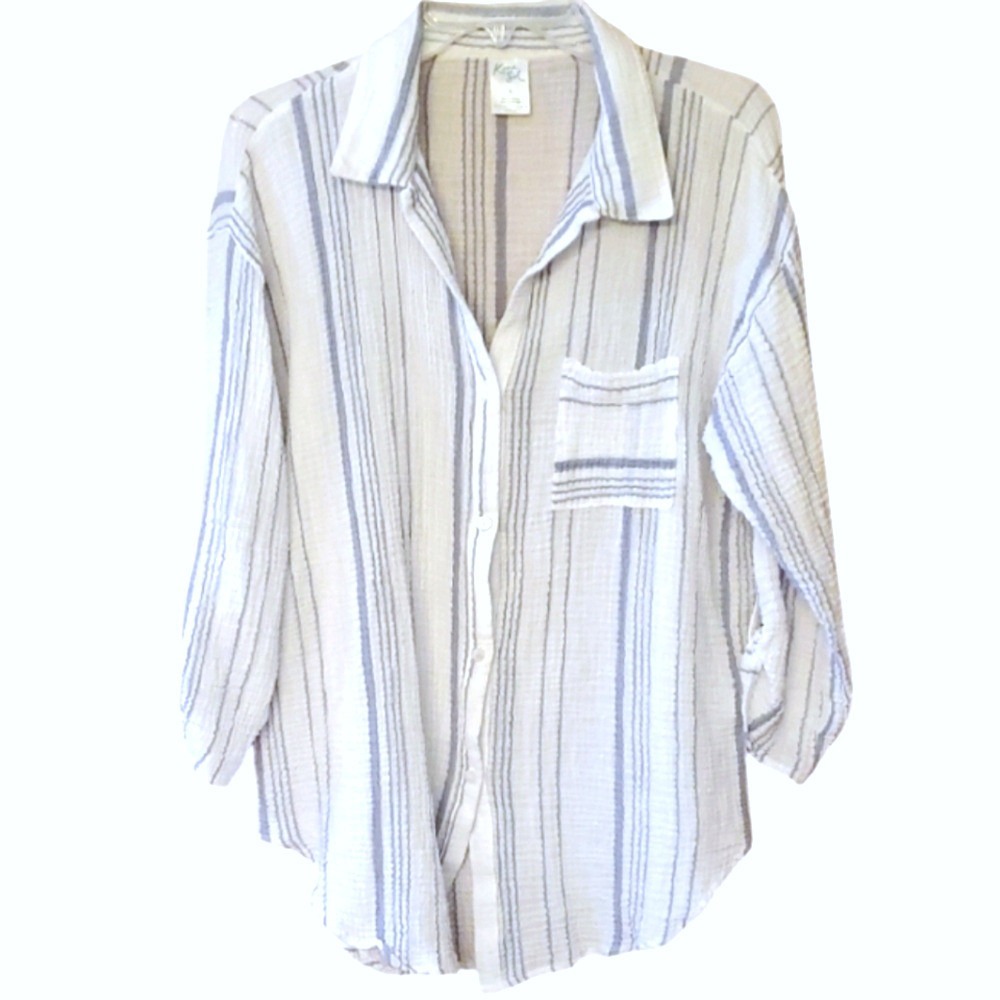 Kona Sol Blue‎ & White Stripe Casual Button Down Coverup Tabbed Sleeves Size S